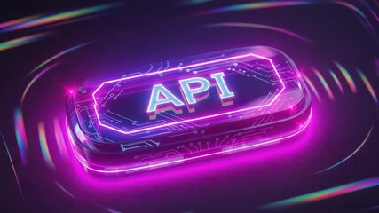 API button illuminates with futuristic style, displaying technology integration and digital connection. API showcases modern technology, linking computer systems and data streams,