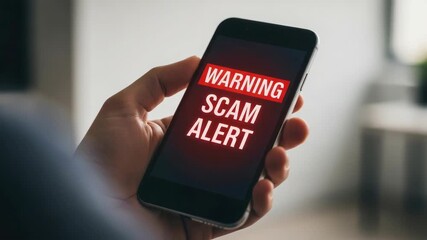 Scam alert displayed on mobile phone held in hand. Scam alert message warns about online fraud and phishing attempts, emphasizing dangers of cybercrime.