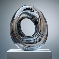 Abstract glass sculpture with swirling patterns on a white pedestal display stand