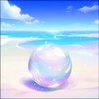 © Espresso - A stunning, iridescent bubble resting on a tranquil beach, reflecting vibrant colors against the serene ocean backdrop.