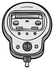Flat design illustration of a classic gray digital stopwatch with screen and various control buttons