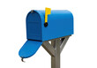 © Vincent - Isolated blue rural residential mailbox on a wooden post with yellow flag ready for mail