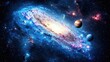 © Preecha - 3D blue galaxy with swirling stars and planets: A captivating 3D depiction of a glowing blue galaxy, filled with swirling stars, vibrant nebulae, and orbiting planets, creating a sense of depth and