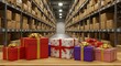 © Gerlot - Warehouse filled gifts, with Holiday gifts packages, decorations,wallpaper, representing the peak season in logistics and distribution, background