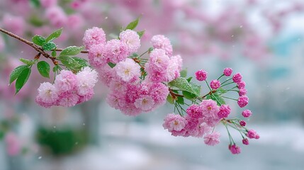 Delicate Pink Cherry Blossoms Blooming on Tree Branch with Blurred White Background