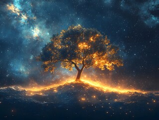 Wall Mural - A majestic tree bathed in golden light illuminates a fantastical cosmic landscape of nebulae and stars