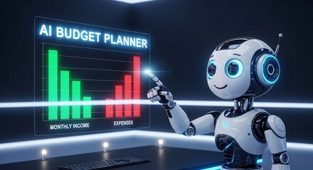 Ai budget planner robot presenting financial data on a digital screen