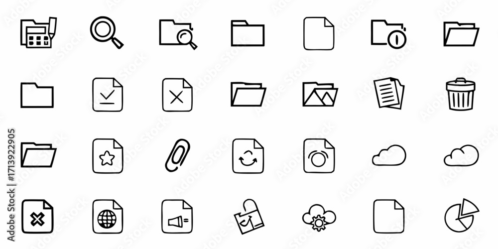 Collection of outline icons representing files folders and other ...