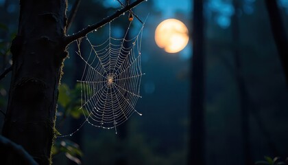 Mysterious dew-kissed spiderweb glistens in soft moonlight amidst dark forest ambiance