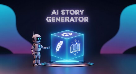 A robot generates a story using ai story generator with book and feather