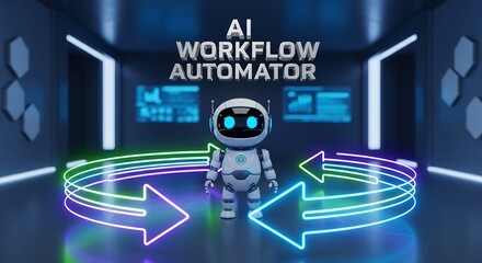 Ai workflow automator robot standing in a futuristic room with neon arrows