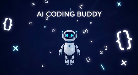 Ai coding buddy robot standing in front of code symbols on blue background