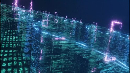 Dynamic digital data stream flows through glowing abstract cyberspace networks, representing innovation and future technology