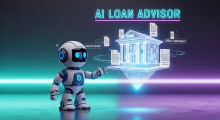 Robot loan advisor presenting bank building hologram and financial documents