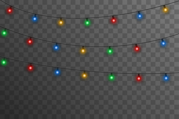 Wall Mural - Glowing holiday lights garland with multicolored bulbs. Vector Christmas decoration isolated on transparent background for festive design, New Year celebration, winter event, seasonal invitation, or p