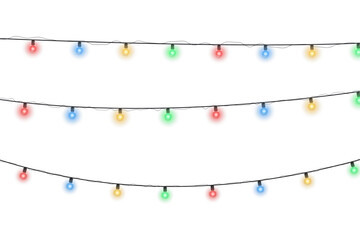 Wall Mural - Christmas garland with multicolored glowing bulbs isolated on transparent background. Festive holiday light string decoration for Christmas party, New Year celebration, seasonal design, or winter even
