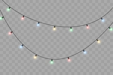 Wall Mural - Decorative multicolored Christmas lights garland with large shining bulbs. Vector festive glowing string isolated on transparent background for New Year design, holiday decoration, or winter celebrati