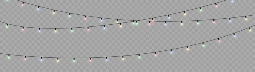Wall Mural - Glowing holiday lights garland with multicolored bulbs. Vector Christmas decoration isolated on transparent background for festive design, New Year celebration, winter event, seasonal invitation, or p