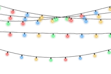 Wall Mural - Multicolored Christmas light string isolated on transparent background. Vector festive decoration with glowing bulbs for New Year party, seasonal winter celebration, Xmas design, or holiday greeting c