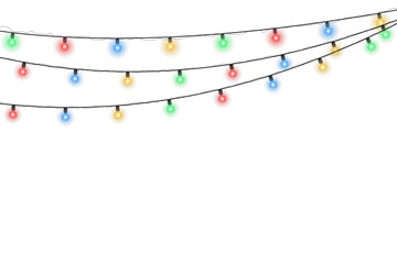 Wall Mural - Christmas garland with multicolored glowing bulbs isolated on transparent background. Festive holiday light string decoration for Christmas party, New Year celebration, seasonal design, or winter even