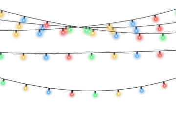 Wall Mural - Multicolored Christmas light string isolated on transparent background. Vector festive decoration with glowing bulbs for New Year party, seasonal winter celebration, Xmas design, or holiday greeting c
