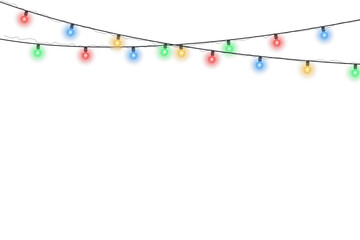 Wall Mural - Vector glowing Christmas garland with bright colorful lamps isolated on transparent background. Decorative festive light string perfect for holiday season, Xmas party design, greeting card, or celebra