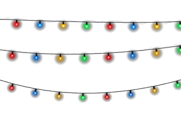Wall Mural - Christmas light string with glowing multicolored bulbs isolated on transparent background. Vector festive decoration for holiday party, New Year celebration, seasonal winter design, greeting card, or 