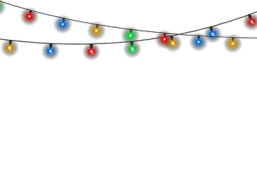 Wall Mural - Multicolored Christmas light string isolated on transparent background. Vector festive decoration with glowing bulbs for New Year party, seasonal winter celebration, Xmas design, or holiday greeting c
