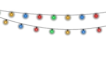 Wall Mural - Christmas light string with glowing multicolored bulbs isolated on transparent background. Vector festive decoration for holiday party, New Year celebration, seasonal winter design, greeting card, or 