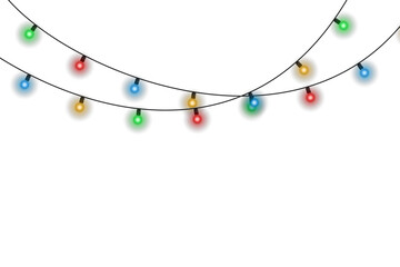 Wall Mural - Christmas garland with multicolored glowing bulbs isolated on transparent background. Festive holiday light string decoration for Christmas party, New Year celebration, seasonal design, or winter even