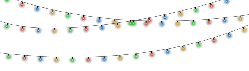 Wall Mural - Glowing holiday lights garland with multicolored bulbs. Vector Christmas decoration isolated on transparent background for festive design, New Year celebration, winter event, seasonal invitation, or p