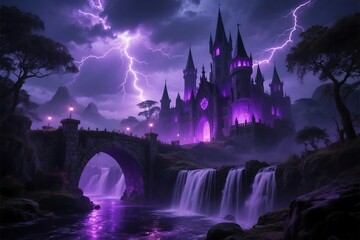 Wall Mural - Moonlit fantasy nightscape with a castle, a silhouette of a city, and a reflection in the water