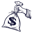 © mukul - Vector art of a hand holding a money bag with a dollar sign concept for wealth, finance, investment, saving, earning, cash, income, and financial security