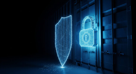 Poster -   A powerful, conceptual image of a strong, glowing, digital lock on a shipping container on the right. The left side is a dark, clean space with a subtle, protective shield of light coming from the l