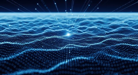 Abstract blue wavy particle surface network representing data connection artificial intelligence and technological advancement creating dynamic visualizations for presentations