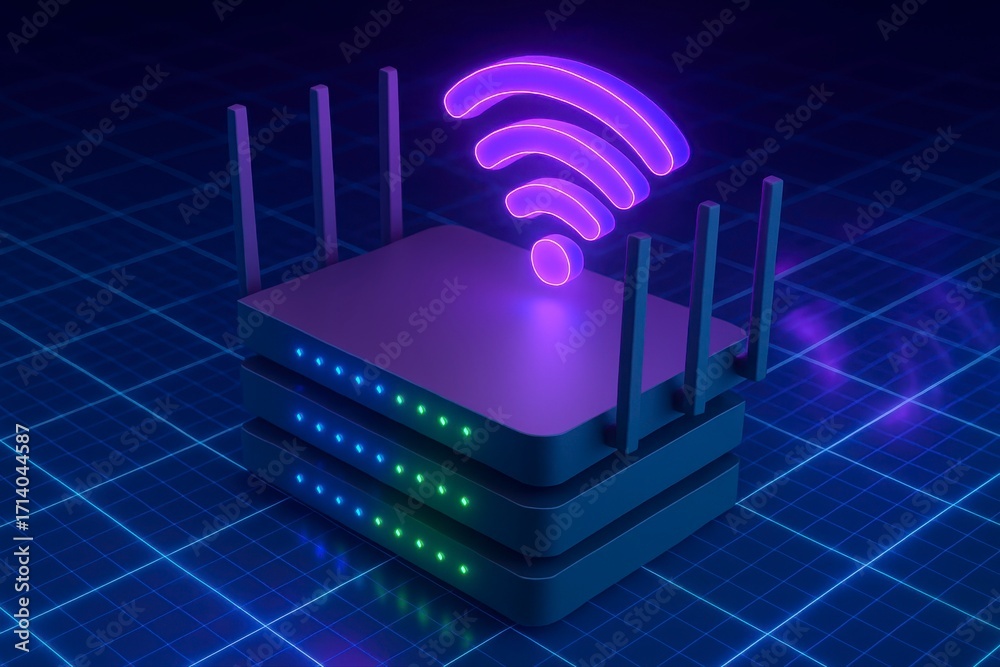 Illuminated wifi symbol above a stacked router on a grid background ...