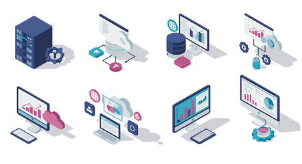 Isometric graphics depicting data analysis and cloud computing concept