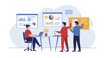 Collaborative office meeting with data analysis and teamwork