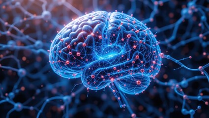 Wall Mural - Illuminated Brain Structure with Neuron Connections and Digital Effects on a Dark Background