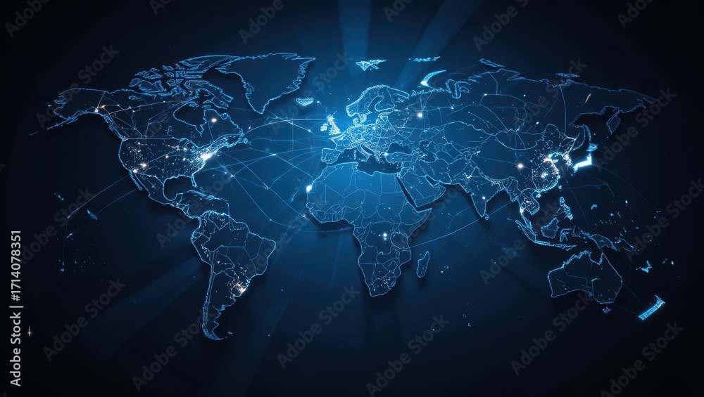 Illuminated World Map Displaying Digital Connections and Geospatial ...