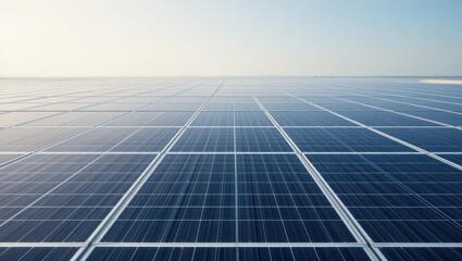 Expansive Solar Panel Array Under Clear Sky Reflecting Sunlight in a Renewable Energy Landscape