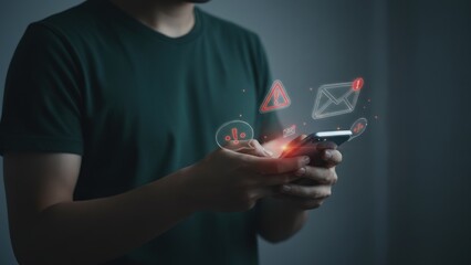 a man holding a smartphone with floating red holographic icons around the smartphone shows a scam al