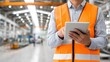 © Moopingz - A worker in a high-visibility vest uses a tablet in a blurred industrial factory environment, focusing on digital task management.