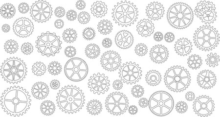 Illustration of many gears scattered on a white background