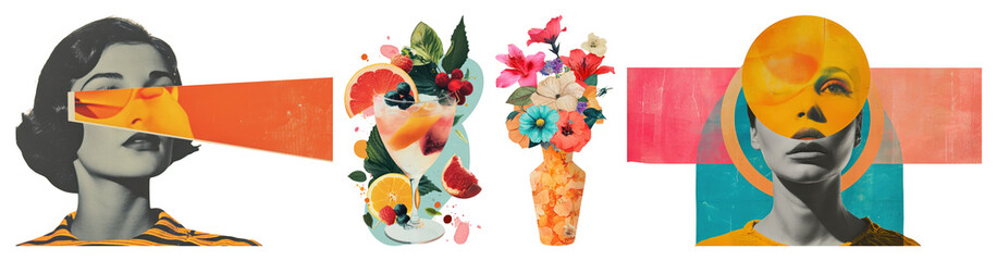 Wall Mural - PNG Vibrant surreal artistic collage, element set on transparent background