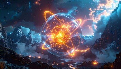 A celestial sphere containing a brilliant, star-like core floats above a mountain landscape, with glowing energy and cosmic elements