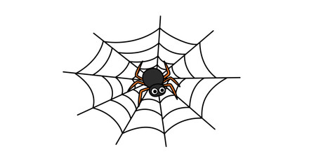 A cartoon spider with orange legs sits in a black web