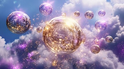 Wall Mural - Surreal Orbs Floating Above Clouds in a Dreamlike Fantasy Landscape with Celestial Themes and Colors