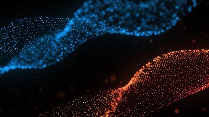Abstract flowing wave of bright blue glowing particles against a dark black background with subtle orange bokeh