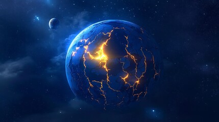 Wall Mural - stunning blue exoplanet with glowing cracks, distant moon, and a starry nebula background scene